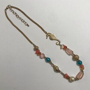 Soft Seahorse Gold Tone Chain Blue Pink Beaded Mermaid Core Beach Necklace 22 in